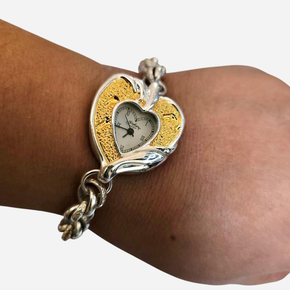 Working 90s Gorham Heart Watch - Sterling Silver Band